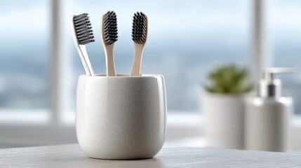 Speckled Ceramic Toothbrush Holder With Black Bristles On Marble