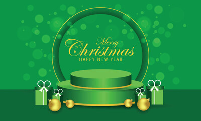 Green round product podium 3D background with Christmas Ornaments and gift box