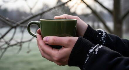Hands holding a steaming cup of hot drink on a cold winter day