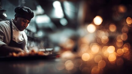 A focused chef prepares food in a professional restaurant kitchen illuminated by warm bokeh lights