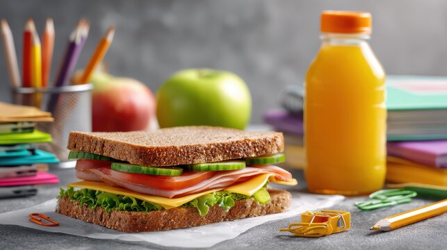 Healthy school lunch with sandwich, orange juice, fresh apple and colorful stationery on table, balanced nutrition for kids, back to school concept, education and food lifestyle