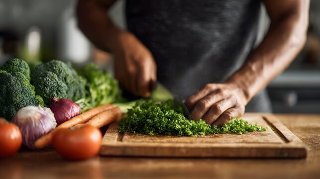 A person is chopping fresh green herbs on a wooden cutting board surrounded by various raw vegetables
