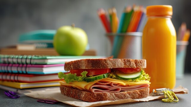 Fresh sandwich with lettuce, cheese and ham served with orange juice and apples, healthy lunch idea for kids and students, nutritious back to school meal concept