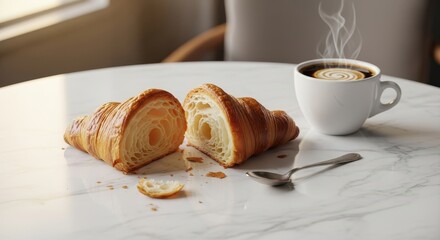 Breakfast with croissant and coffee on marble table