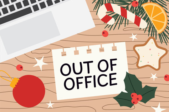 paper note with auto responder, message out of office; winter, christmas vacation concept - vector illustration