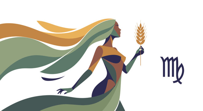 Action Illustration of Virgo Zodiac Sign Woman Holding Wheat in Minimalist Style, Focused on Astrology and Nature Concepts