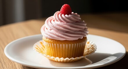 Cupcake with pink frosting and raspberry on a plate