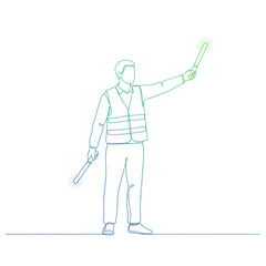 Airport ground crew signaling with light wands line art illustration