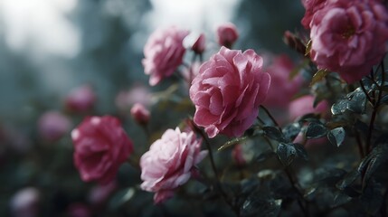 Obraz premium Delicate pink roses bloom in a soft lit garden adorned with fresh dewdrops creating a serene and romantic atmosphere