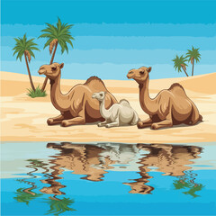 A family of dromedary camels with a calf resting together.