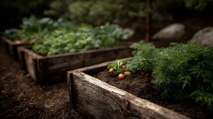 Obraz premium Rustic wooden raised garden beds showcasing vibrant green vegetables and root crops growing in rich fertile soil under natural light