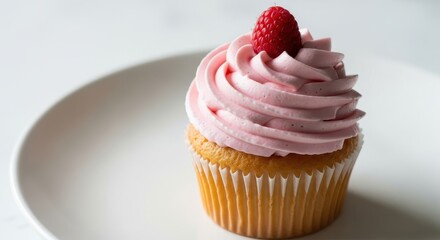 Cupcake with pink frosting and raspberry on white plate