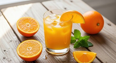 Freshly squeezed orange juice with ice and orange slice on wooden table