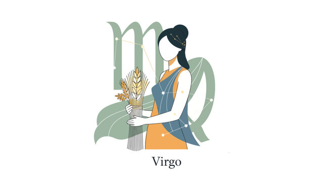 Illustration of Virgo Zodiac Sign Woman Holding Wheat, Artistic Representation, Minimalist Style, Creative Environment