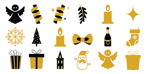 Festive Christmas Icons: Angels, Snowflakes, Gifts, and More in Gold and Black