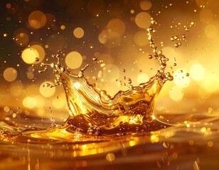 A golden-hued image captures the dynamic action of a splash as water droplets form a crown. Bokeh circles add depth
