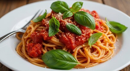 Spaghetti with tomato sauce and basil leaves on a white plate