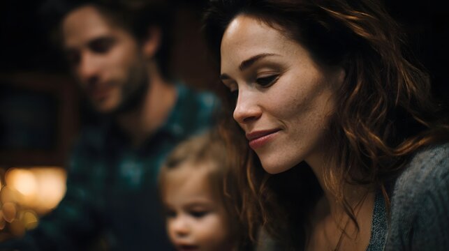 A mother smiles softly while her family gathers closely in a warm intimate indoor setting creating a scene of domestic comfort - Powered by Adobe