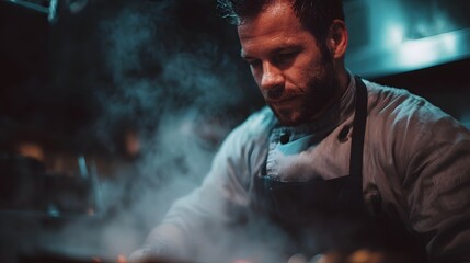 A focused chef preparing a dish in a steamy atmospheric restaurant kitchen highlighted by dramatic lighting