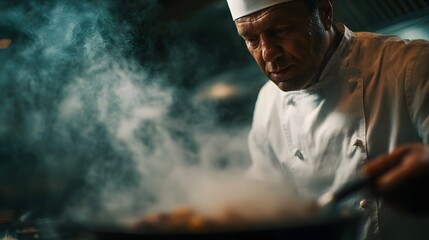 Fototapeta premium A professional chef expertly cooks in a busy steamy restaurant kitchen under dramatic lighting