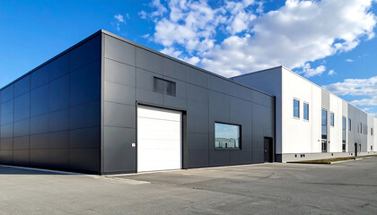 Obraz premium クールな黒い金属外壁の倉庫ガレージ社屋が建ち並ぶビジネス拠点の静かな朝景
