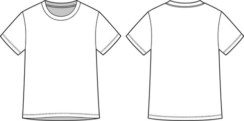 Basic short sleeve t‑shirt fashion flat sketch front and back view vector illustration apparel design template clothing outline technical drawing
