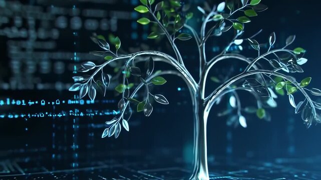 A silver stylized tree with leaves set against a dark blue background of digital code