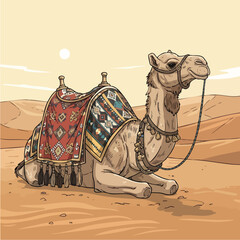 Resting Camel in the Desert with Traditional Saddle.