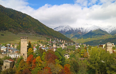 Fantastic Aerial View of Ancient Svan Tower-houses in the Town of Mestia, UNESCO World Heritage Site in Svaneti Region, Georgia