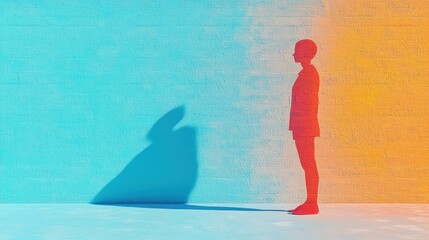 Person's shadow against a colorful wall, duality concept, potential use for psychology or self-discovery