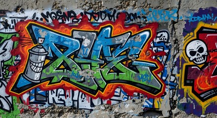 Naklejka premium Vibrant graffiti art explosion on textured wall detailed street art with skulls and bold lettering
