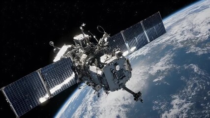 Satellite in orbit over Earth with solar panels extended - Powered by Adobe