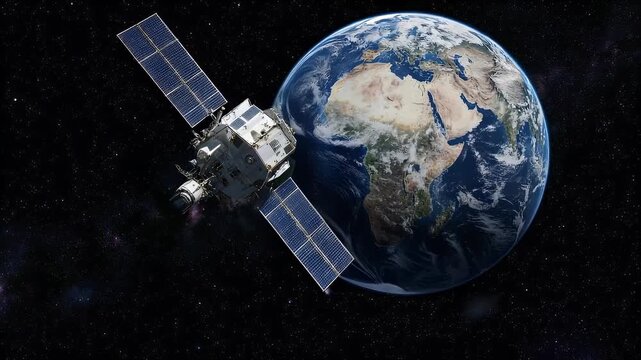 Satellite orbits Earth, starry backdrop, blue planet - Powered by Adobe