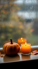 candles and a pumpkin placed on a window sill - offering a cozy view of a rainy autumn evening vertical - white background