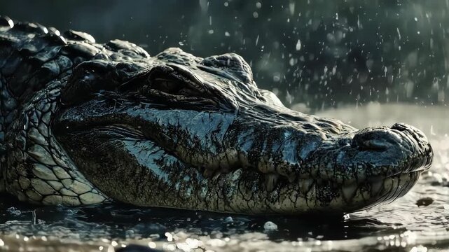 Extreme close-up of a crocodile's powerful jaw closing with a dramatic water splash in slow motion. Highlights the strength of the predator