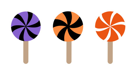 Halloween lollipop candy flat stock vector illustration set.
Halloween Kids candy element.
White background.