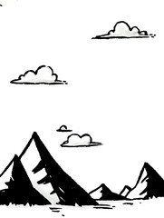 Mountain landscape with clouds in minimalist black and white style  