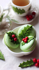 Festive green macarons decorated with holly leaves and berries  
