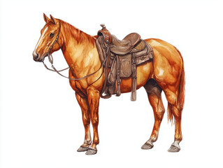 Chestnut horse standing with saddle and bridle against white background  