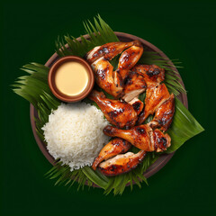 Grilled chicken with rice and sauce served on green leaves  