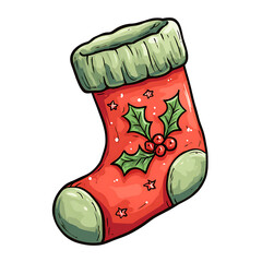 Illustrated Christmas stocking decorated with holly and stars  