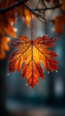 Bright orange leaf hanging from branch with dew in autumn forest  