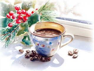 Coffee cup with coffee beans and holly on windowsill in winter  clipart of watercolor 