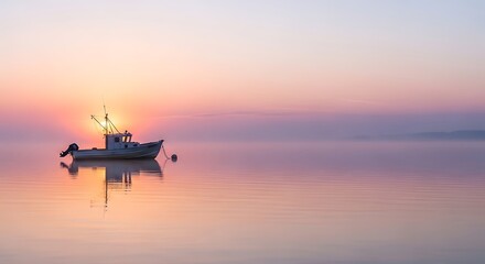 Obraz premium Small fishing boat on calm water at sunrise sunset tranquil sea misty background soft colors