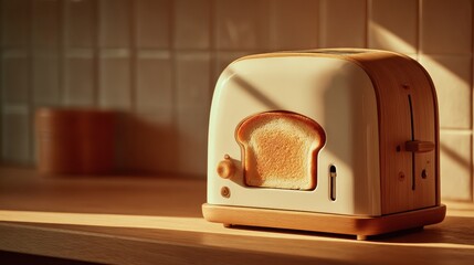 White Toaster With Golden Toast In Kitchen Light On Wooden Counter