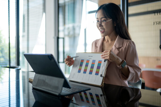 Young professional explaining data analysis during online meeting
