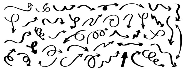 Hand drawn doodle arrow icons collection in various styles (marker, crayon, charcoal), sketch direction lines, unique curved, swirl, and looping arrow design elements for infographics and navigation.