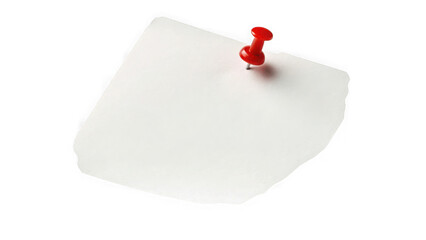Single red pushpin on a white paper note isolated on transparent background