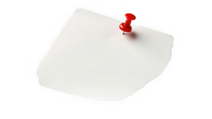 Single red pushpin on a white paper note isolated on transparent background