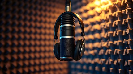 Obraz premium Professional recording studio setup with large-diaphragm condenser microphone headphones on dark acoustic foam illuminated by warm Edison bulb creating cozy focused music production atmosphere.